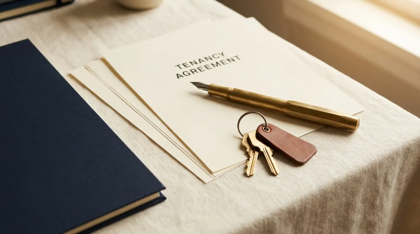 Tenancy agreement pack, keys and pen on a desk
